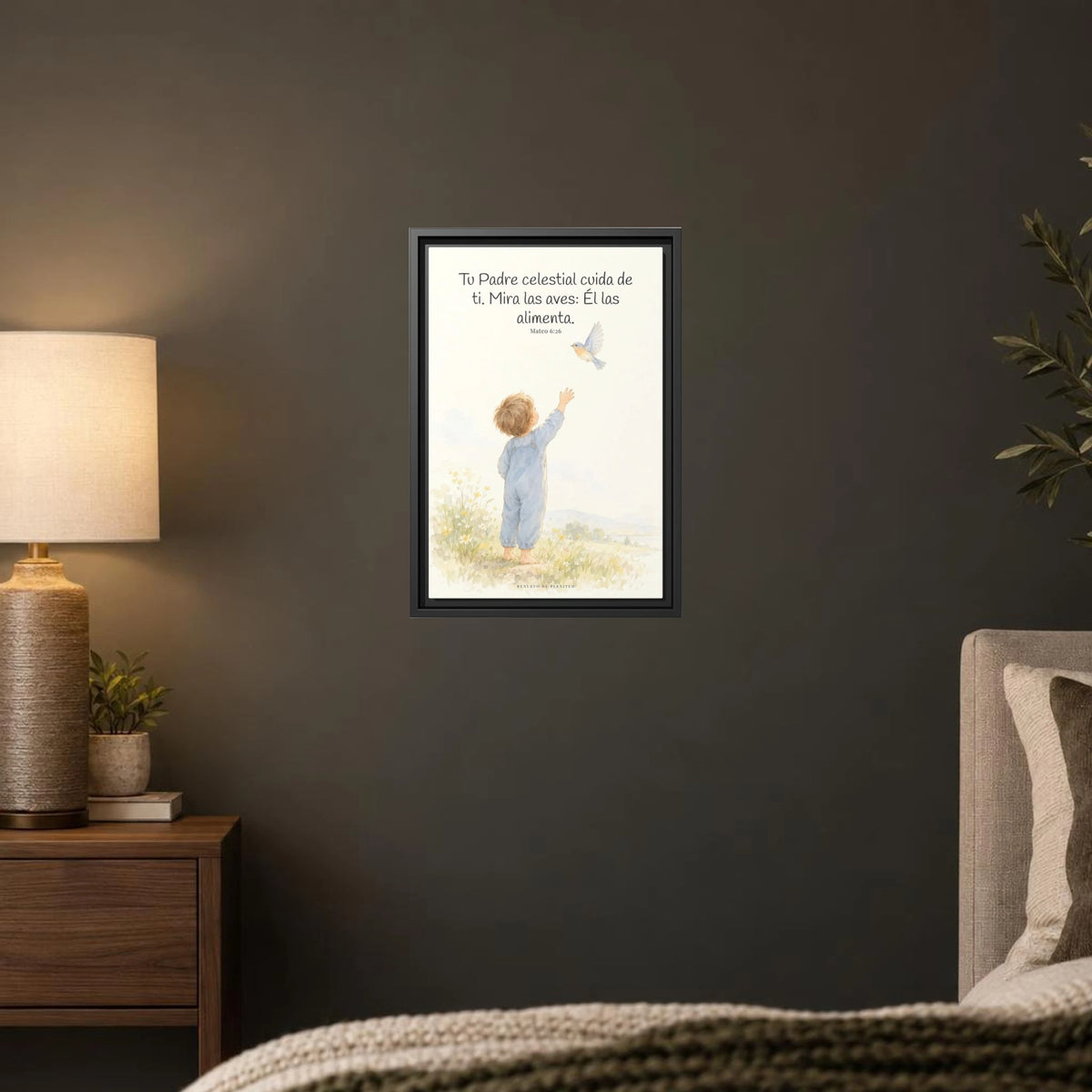 Tu Padre celestial cuida de mí — Lienzo Cristiano Enmarcado | Mateo 6:26 — 12×18 pulgadas, marco negro, vista frontal ambiental, escala física calibrada