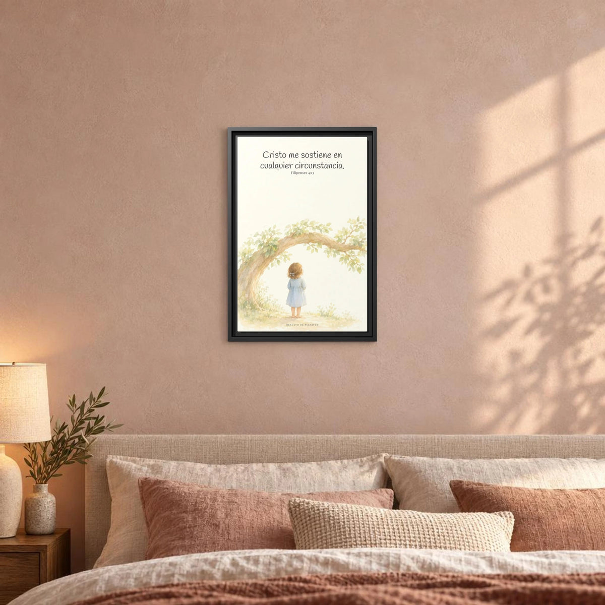 Cristo me sostiene en cualquier circunstancia — Lienzo Cristiano Enmarcado | Filipenses 4:13 — 12×18 pulgadas, marco negro, vista frontal ambiental, escala física calibrada