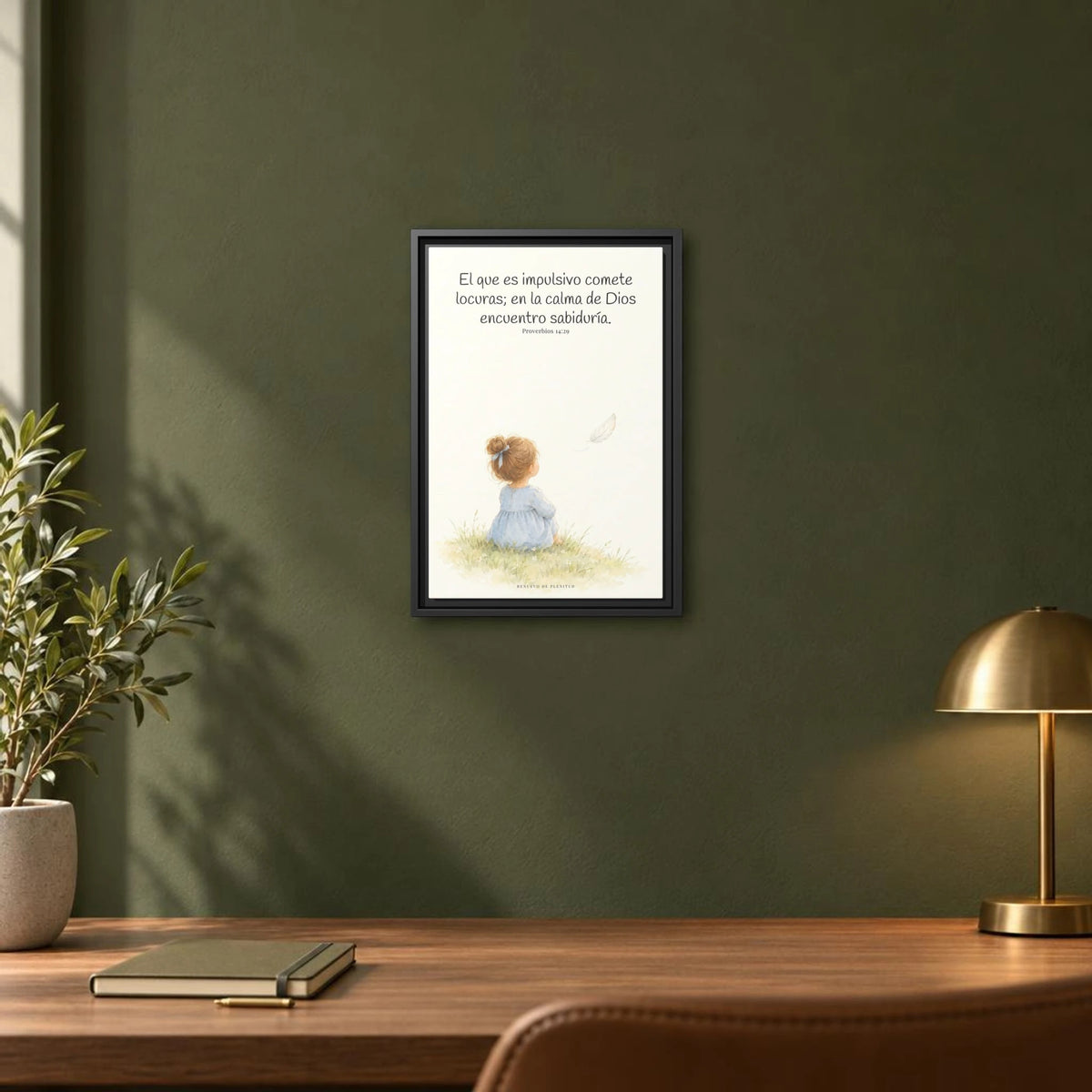 La prisa del corazón no agrada a Dios | Decoración cristiana enmarcada | Proverbios 14:29 — 12×18 pulgadas, marco negro, vista frontal ambiental, escala física calibrada