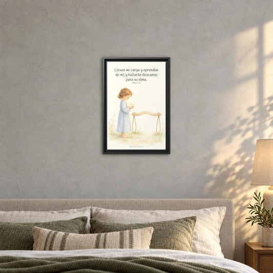 Yo te daré descanso para tu alma — Lienzo Cristiano Enmarcado | Mateo 11:29 — 12×18 pulgadas, marco negro, vista frontal ambiental, escala física calibrada