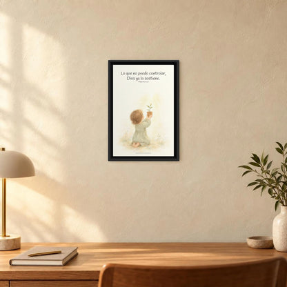 Dios cuida lo que yo no puedo controlar | Decoración de fe para pared | Filipenses 4:6 — 12×18 pulgadas, marco negro, vista frontal ambiental, escala física calibrada