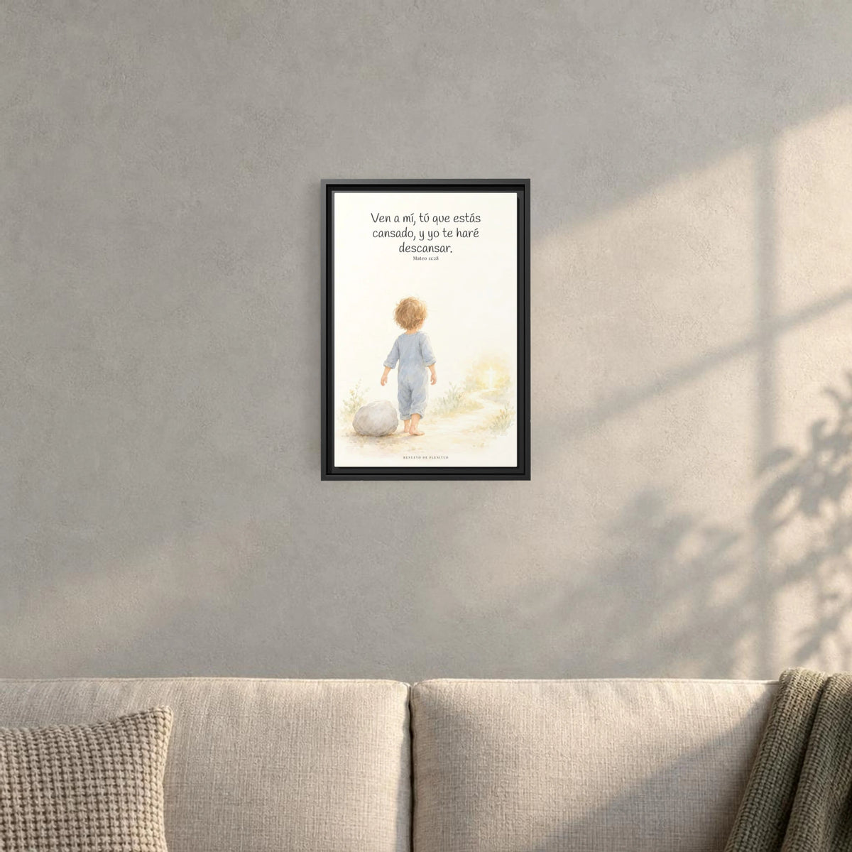 Ven a mí y yo te haré descansar — Lienzo Cristiano Enmarcado | Mateo 11:28 — 12×18 pulgadas, marco negro, vista frontal ambiental, escala física calibrada