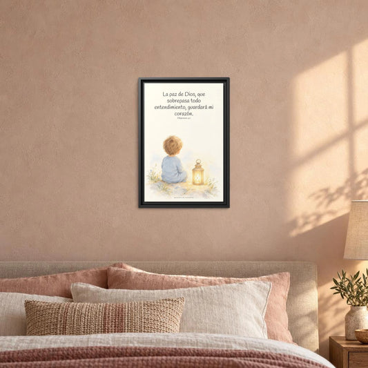 La paz de Dios cuida mi corazón — Lienzo Cristiano Enmarcado | Filipenses 4:7 — 12×18 pulgadas, marco negro, vista frontal ambiental, escala física calibrada