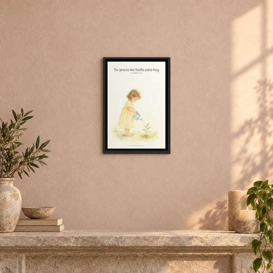 Su gracia me basta para hoy | Decoración de fe para pared | 2 Corintios 12:9 — 12×18 pulgadas, marco negro, vista frontal ambiental, escala física calibrada