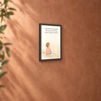 El día habla de la grandeza de Dios | Lienzo cristiano decorativo | Salmo 19:1 — 12×18 pulgadas, marco espresso, vista angular ambiental del marco flotante, escala física calibrada