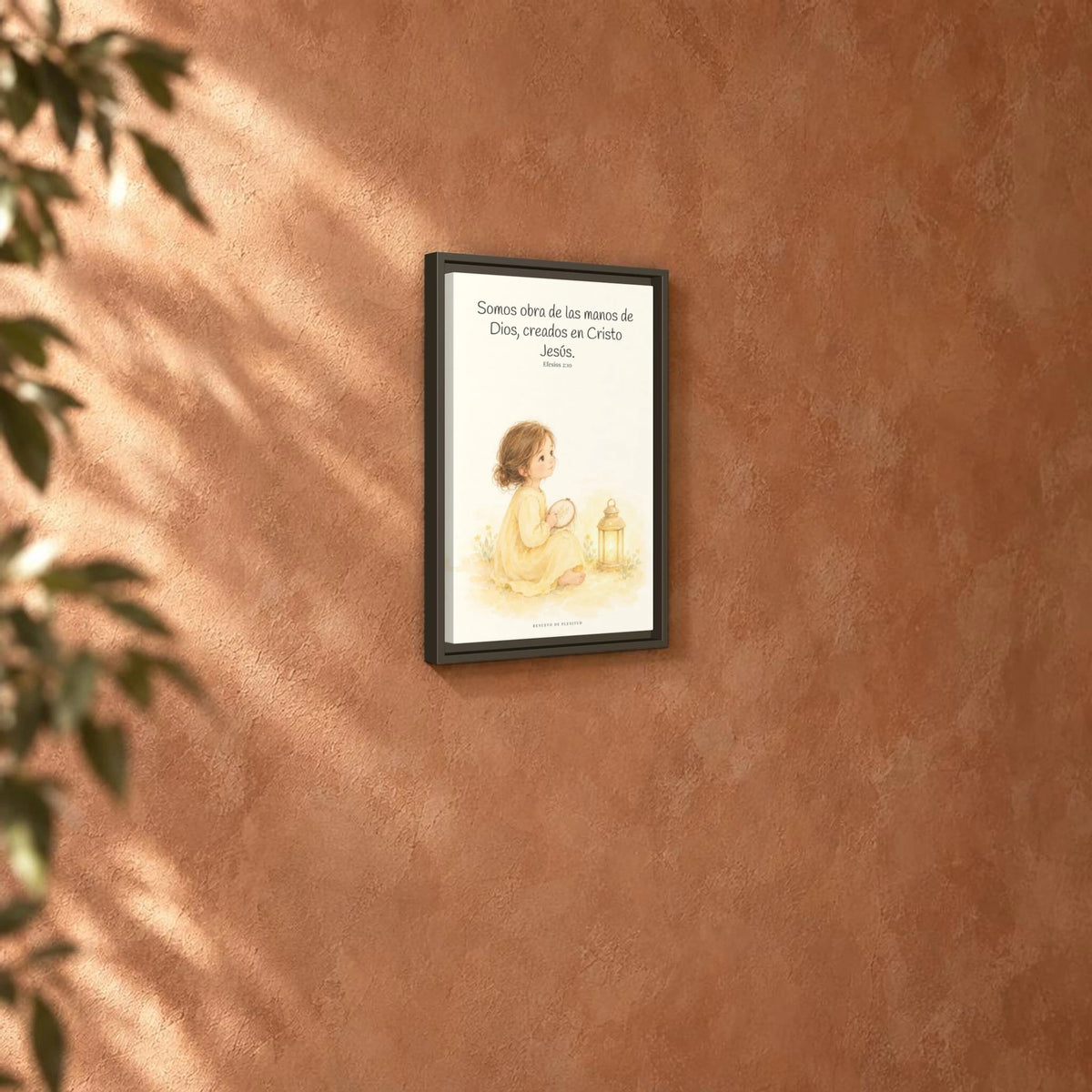 Somos obra de las manos de Dios — Lienzo Cristiano Enmarcado | Efesios 2:10 — 12×18 pulgadas, marco espresso, vista angular ambiental del marco flotante, escala física calibrada