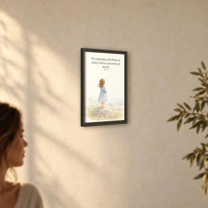 Mi esperanza está firme en Jesús — Lienzo Cristiano Enmarcado | Mateo 7:24 — 12×18 pulgadas, marco espresso, vista angular ambiental del marco flotante, escala física calibrada