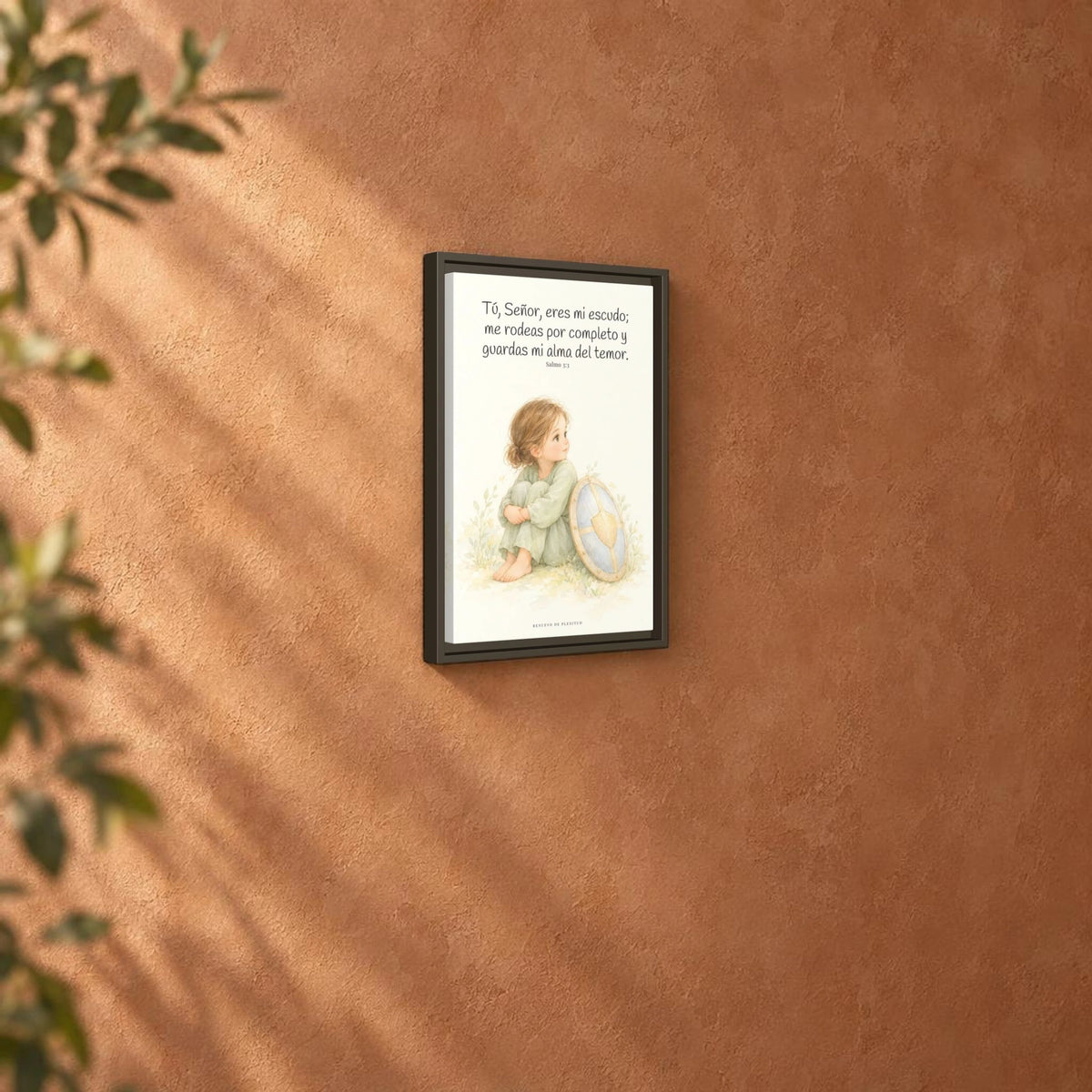 Dios es mi escudo alrededor — Lienzo Cristiano Enmarcado | Salmo 3:3 — 12×18 pulgadas, marco espresso, vista angular ambiental del marco flotante, escala física calibrada