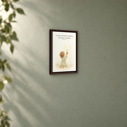 Dios cuida lo que yo no puedo controlar | Decoración de fe para pared | Filipenses 4:6 — 12×18 pulgadas, marco espresso, vista angular ambiental del marco flotante, escala física calibrada