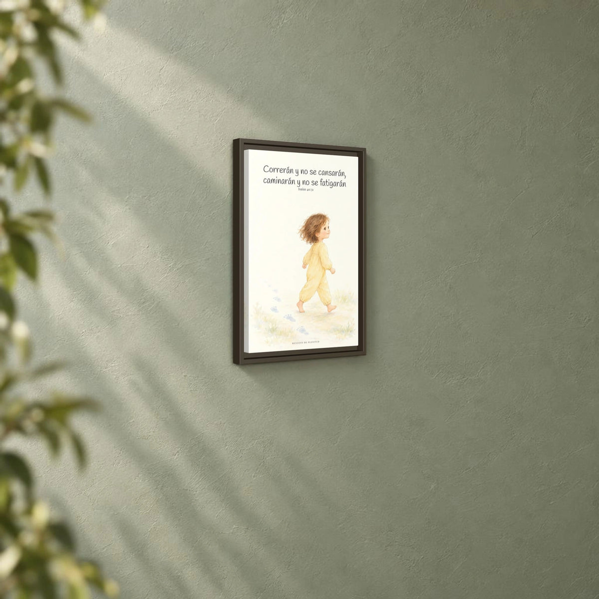 Correrán y no se cansarán — Lienzo Cristiano Enmarcado | Isaías 40:31 — 12×18 pulgadas, marco espresso, vista angular ambiental del marco flotante, escala física calibrada