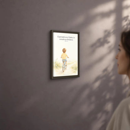 Jehová fortalece tu corazón — Lienzo Cristiano Enmarcado | Salmo 27:14 — 12×18 pulgadas, marco espresso, vista angular ambiental del marco flotante, escala física calibrada