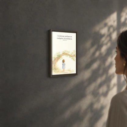 Cristo me sostiene en cualquier circunstancia — Lienzo Cristiano Enmarcado | Filipenses 4:13 — 12×18 pulgadas, marco espresso, vista angular ambiental del marco flotante, escala física calibrada
