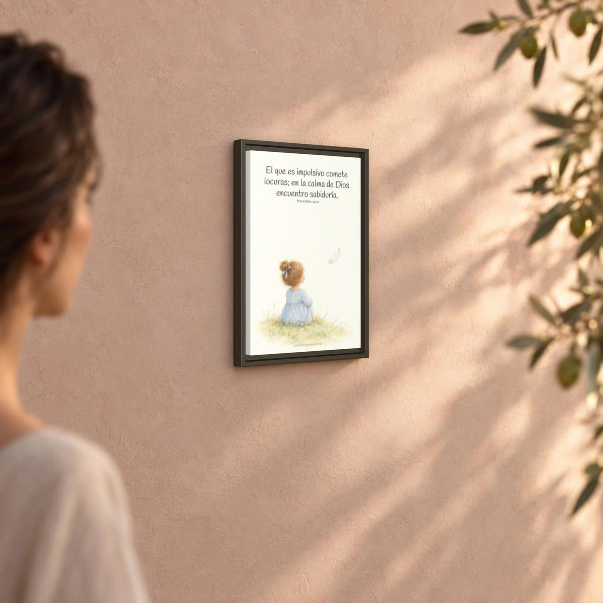 La prisa del corazón no agrada a Dios | Decoración cristiana enmarcada | Proverbios 14:29 — 12×18 pulgadas, marco espresso, vista angular ambiental del marco flotante, escala física calibrada