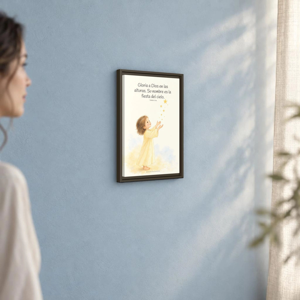 El cielo entero da gloria a Dios | Decoración de fe para pared | Lucas 2:14 — 12×18 pulgadas, marco espresso, vista angular ambiental del marco flotante, escala física calibrada