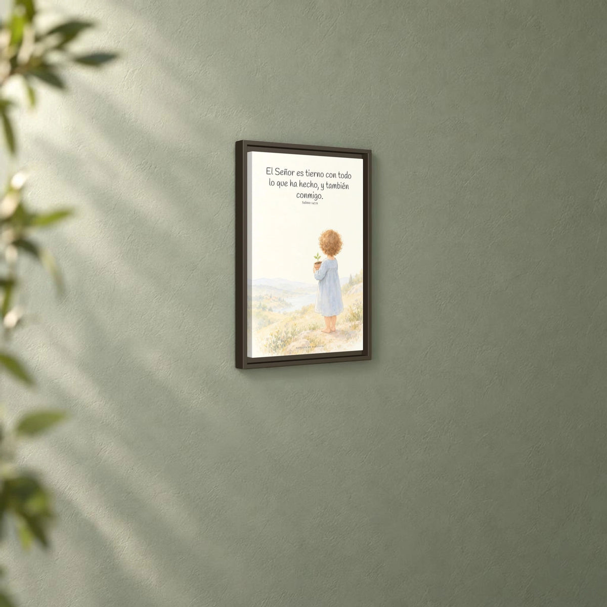 El Señor es tierno con todo lo que ha hecho | Cuadro de inspiración bíblica | Salmo 145:9 — 12×18 pulgadas, marco espresso, vista angular ambiental del marco flotante, escala física calibrada