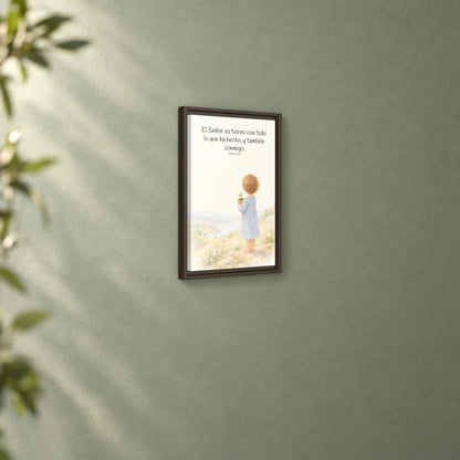 El Señor es tierno con todo lo que ha hecho | Cuadro de inspiración bíblica | Salmo 145:9 — 12×18 pulgadas, marco espresso, vista angular ambiental del marco flotante, escala física calibrada