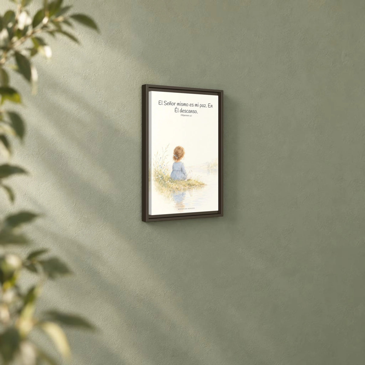 El Señor mismo es mi paz — Lienzo Cristiano Enmarcado | Filipenses 4:7 — 12×18 pulgadas, marco espresso, vista angular ambiental del marco flotante, escala física calibrada