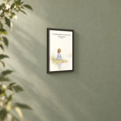 El Señor mismo es mi paz — Lienzo Cristiano Enmarcado | Filipenses 4:7 — 12×18 pulgadas, marco espresso, vista angular ambiental del marco flotante, escala física calibrada
