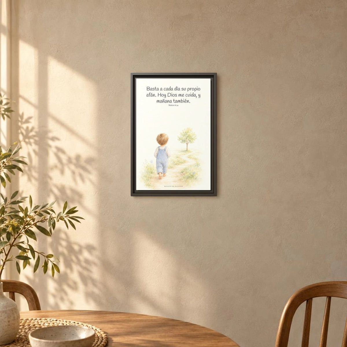 Basta a cada día su propio afán — Lienzo Cristiano Enmarcado | Mateo 6:34 — 12×18 pulgadas, marco espresso, vista frontal ambiental, escala física calibrada