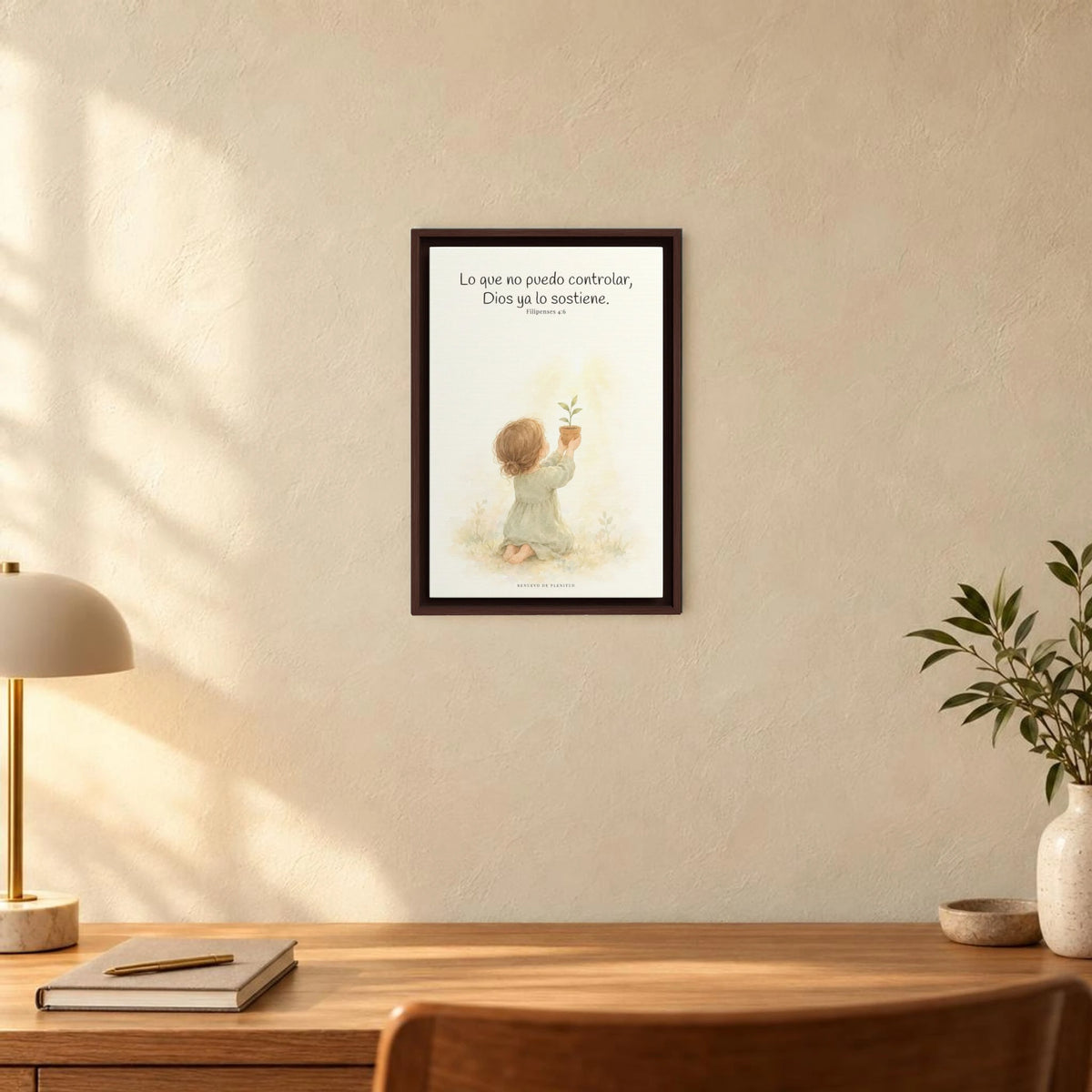 Dios cuida lo que yo no puedo controlar | Decoración de fe para pared | Filipenses 4:6 — 12×18 pulgadas, marco espresso, vista frontal ambiental, escala física calibrada
