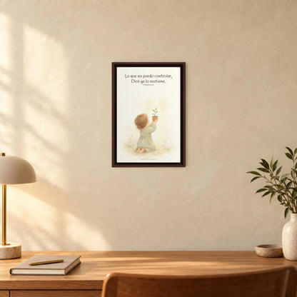Dios cuida lo que yo no puedo controlar | Decoración de fe para pared | Filipenses 4:6 — 12×18 pulgadas, marco espresso, vista frontal ambiental, escala física calibrada