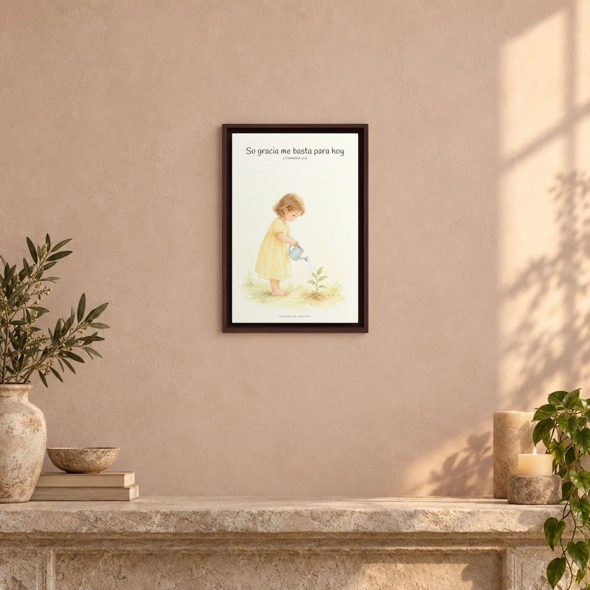 Su gracia me basta para hoy | Decoración de fe para pared | 2 Corintios 12:9 — 12×18 pulgadas, marco espresso, vista frontal ambiental, escala física calibrada