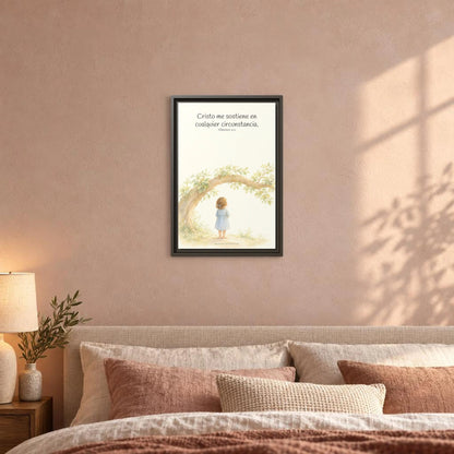 Cristo me sostiene en cualquier circunstancia — Lienzo Cristiano Enmarcado | Filipenses 4:13 — 12×18 pulgadas, marco espresso, vista frontal ambiental, escala física calibrada