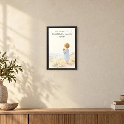 El Señor es tierno con todo lo que ha hecho | Cuadro de inspiración bíblica | Salmo 145:9 — 12×18 pulgadas, marco espresso, vista frontal ambiental, escala física calibrada