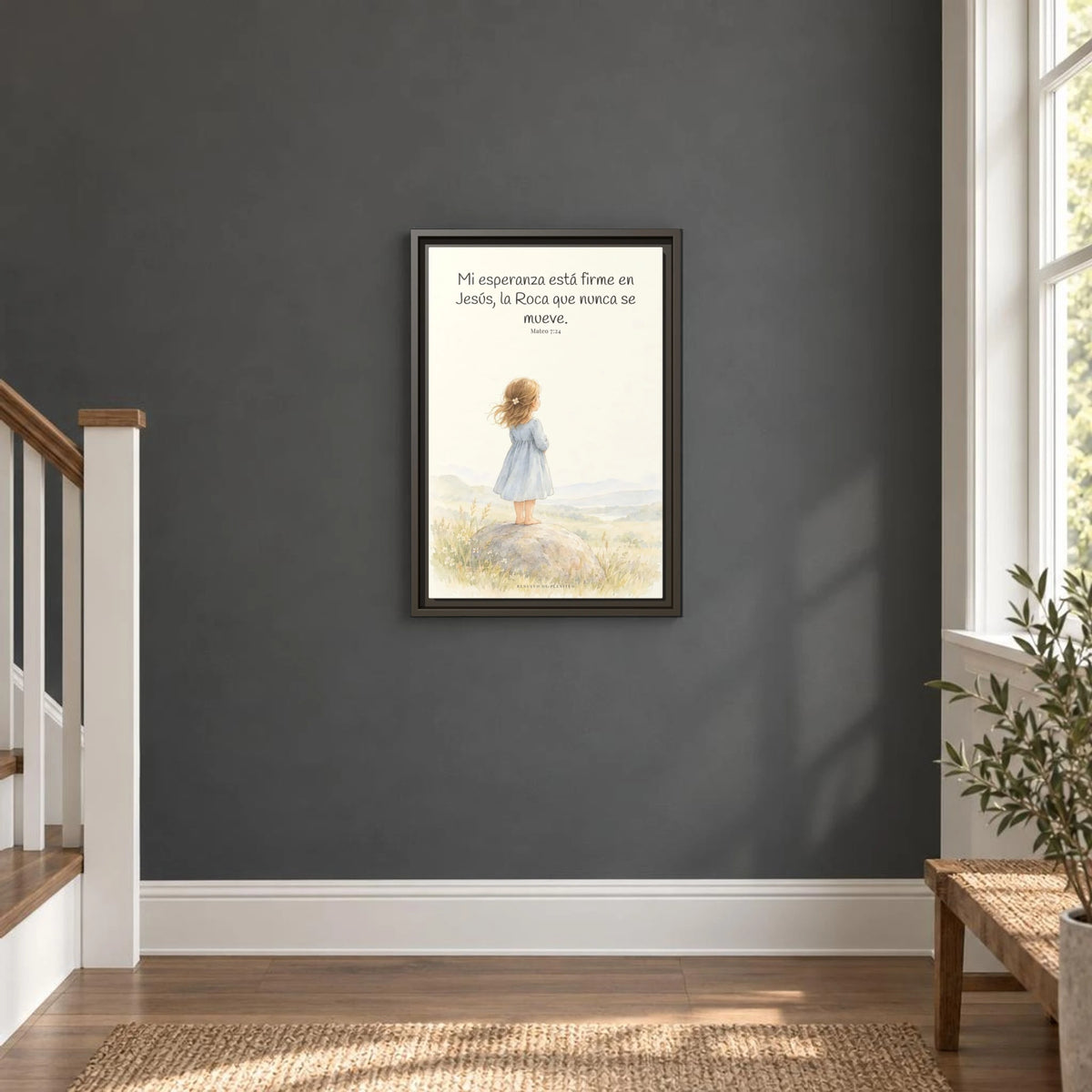 Mi esperanza está firme en Jesús — Lienzo Cristiano Enmarcado | Mateo 7:24 — 12×18 pulgadas, marco espresso, vista frontal ambiental, escala física calibrada