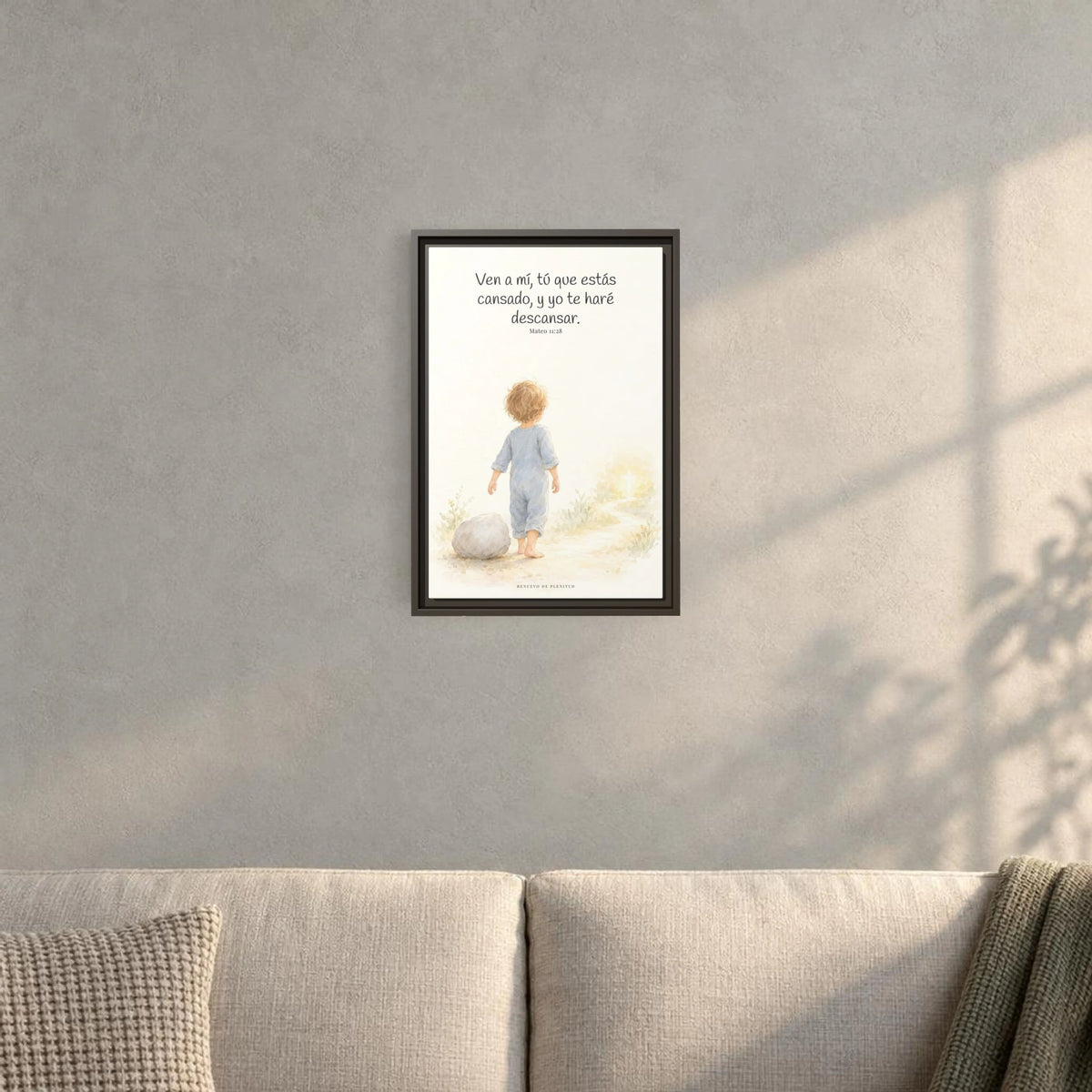 Ven a mí y yo te haré descansar — Lienzo Cristiano Enmarcado | Mateo 11:28 — 12×18 pulgadas, marco espresso, vista frontal ambiental, escala física calibrada