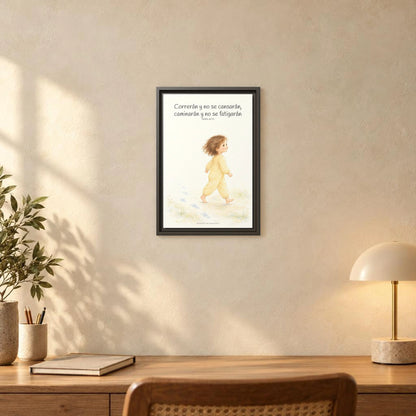 Correrán y no se cansarán — Lienzo Cristiano Enmarcado | Isaías 40:31 — 12×18 pulgadas, marco espresso, vista frontal ambiental, escala física calibrada