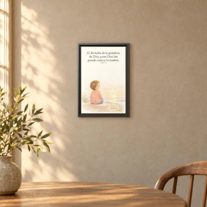 El día habla de la grandeza de Dios | Lienzo cristiano decorativo | Salmo 19:1 — 12×18 pulgadas, marco espresso, vista frontal ambiental, escala física calibrada
