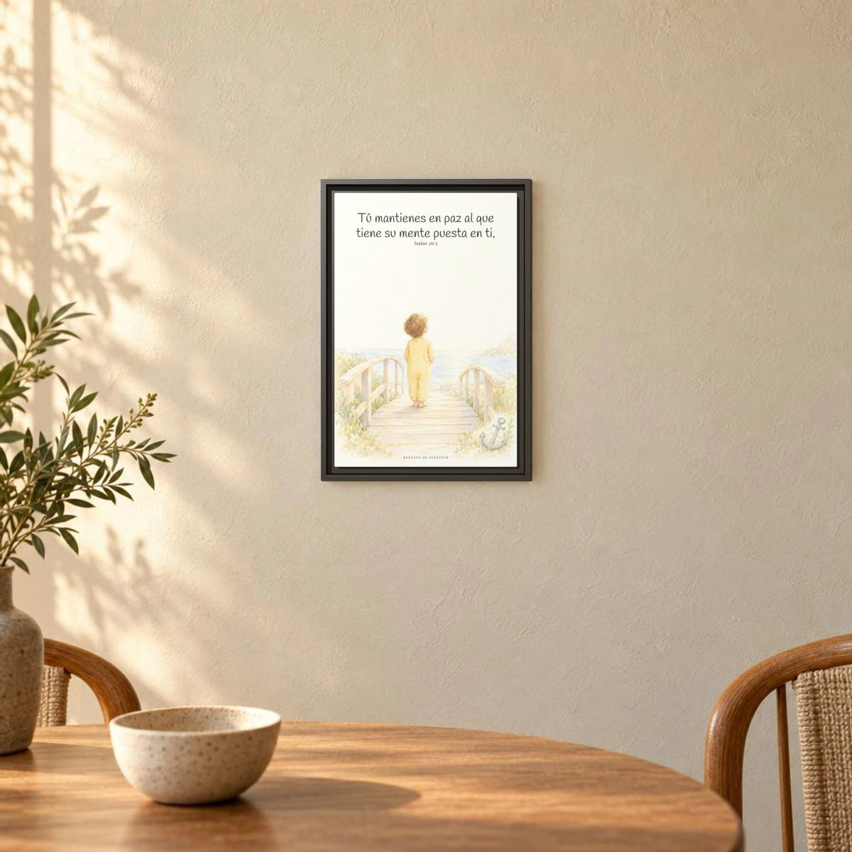 El Señor me sostiene en pensamiento firme — Lienzo Cristiano Enmarcado | Isaías 26:3 — 12×18 pulgadas, marco espresso, vista frontal ambiental, escala física calibrada