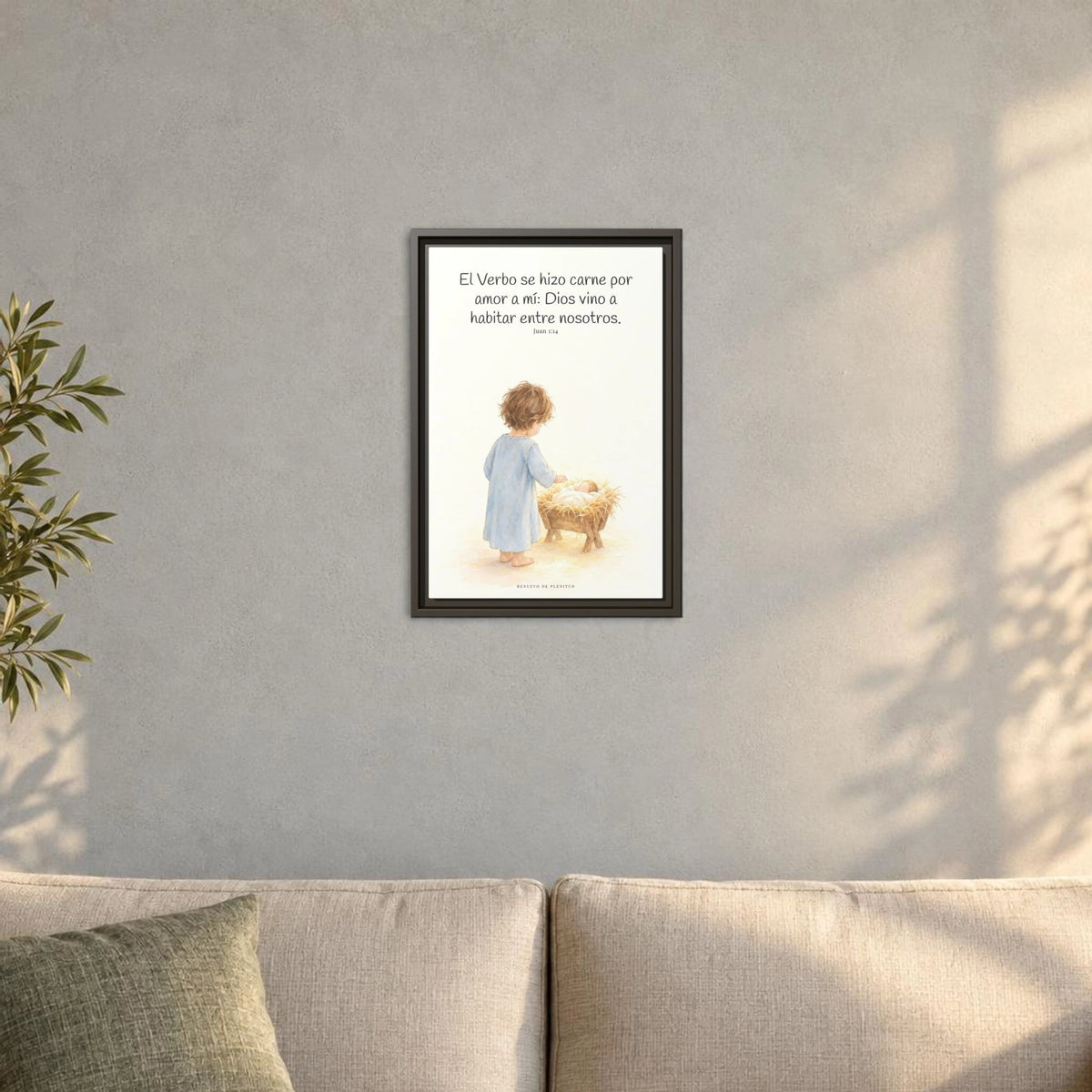 El Verbo se hizo carne por amor a mí — Lienzo Cristiano Enmarcado | Juan 1:14 — 12×18 pulgadas, marco espresso, vista frontal ambiental, escala física calibrada