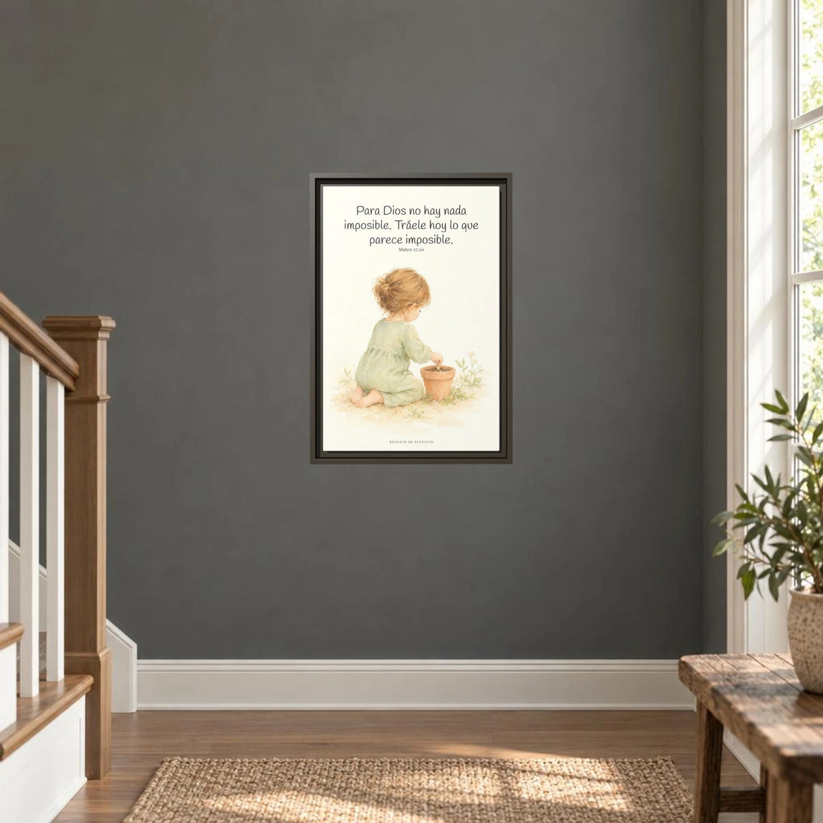 Nada hay imposible para Dios — Lienzo Cristiano Enmarcado | Mateo 17:20 — 12×18 pulgadas, marco espresso, vista frontal ambiental, escala física calibrada