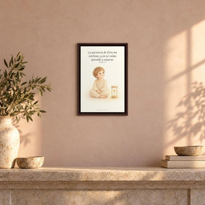 En la paciencia de Dios encuentro reposo | Cuadro de fe enmarcado | Santiago 1:19 — 12×18 pulgadas, marco espresso, vista frontal ambiental, escala física calibrada