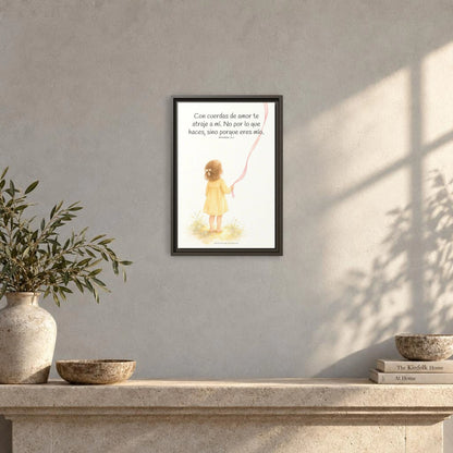 Con cuerdas de amor te atraje a mí — Lienzo Cristiano Enmarcado | Jeremías 31:3 — 12×18 pulgadas, marco espresso, vista frontal ambiental, escala física calibrada