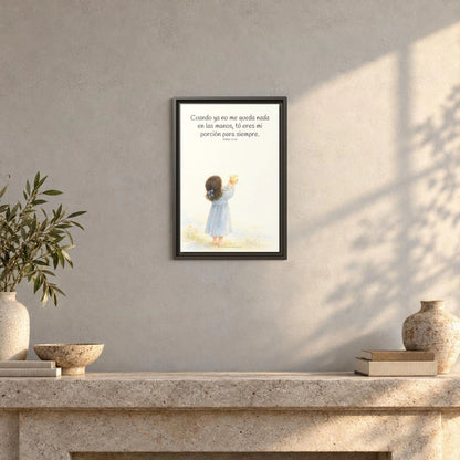 Mi porción eres tú, Señor — Lienzo Cristiano Enmarcado | Salmo 73:26 — 12×18 pulgadas, marco espresso, vista frontal ambiental, escala física calibrada