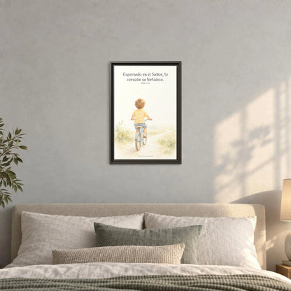 Jehová fortalece tu corazón — Lienzo Cristiano Enmarcado | Salmo 27:14 — 12×18 pulgadas, marco espresso, vista frontal ambiental, escala física calibrada
