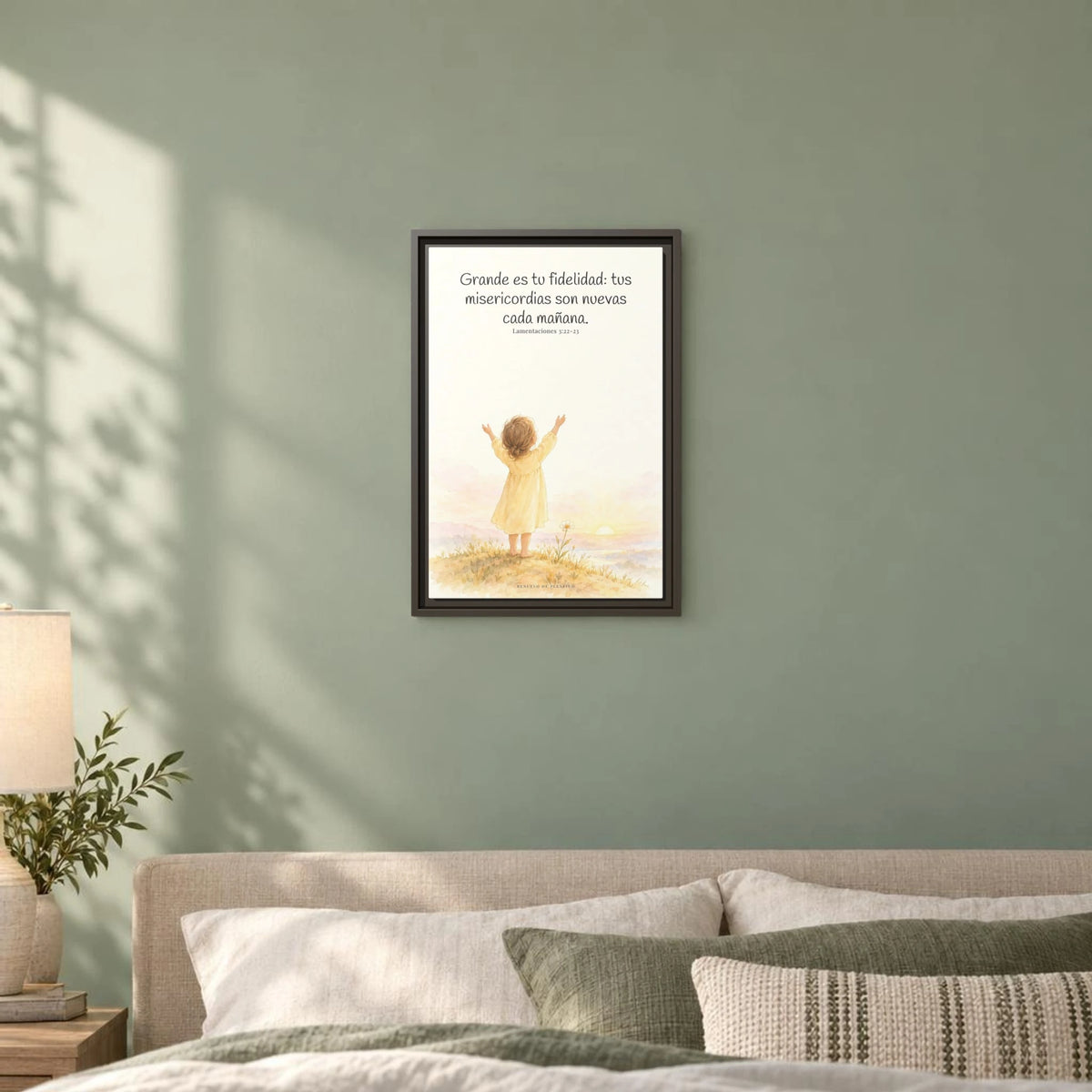 Grande es tu fidelidad, oh Dios — Lienzo Cristiano Enmarcado | Lamentaciones 3:22-23 — 12×18 pulgadas, marco espresso, vista frontal ambiental, escala física calibrada