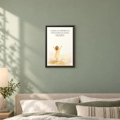 Grande es tu fidelidad, oh Dios — Lienzo Cristiano Enmarcado | Lamentaciones 3:22-23 — 12×18 pulgadas, marco espresso, vista frontal ambiental, escala física calibrada
