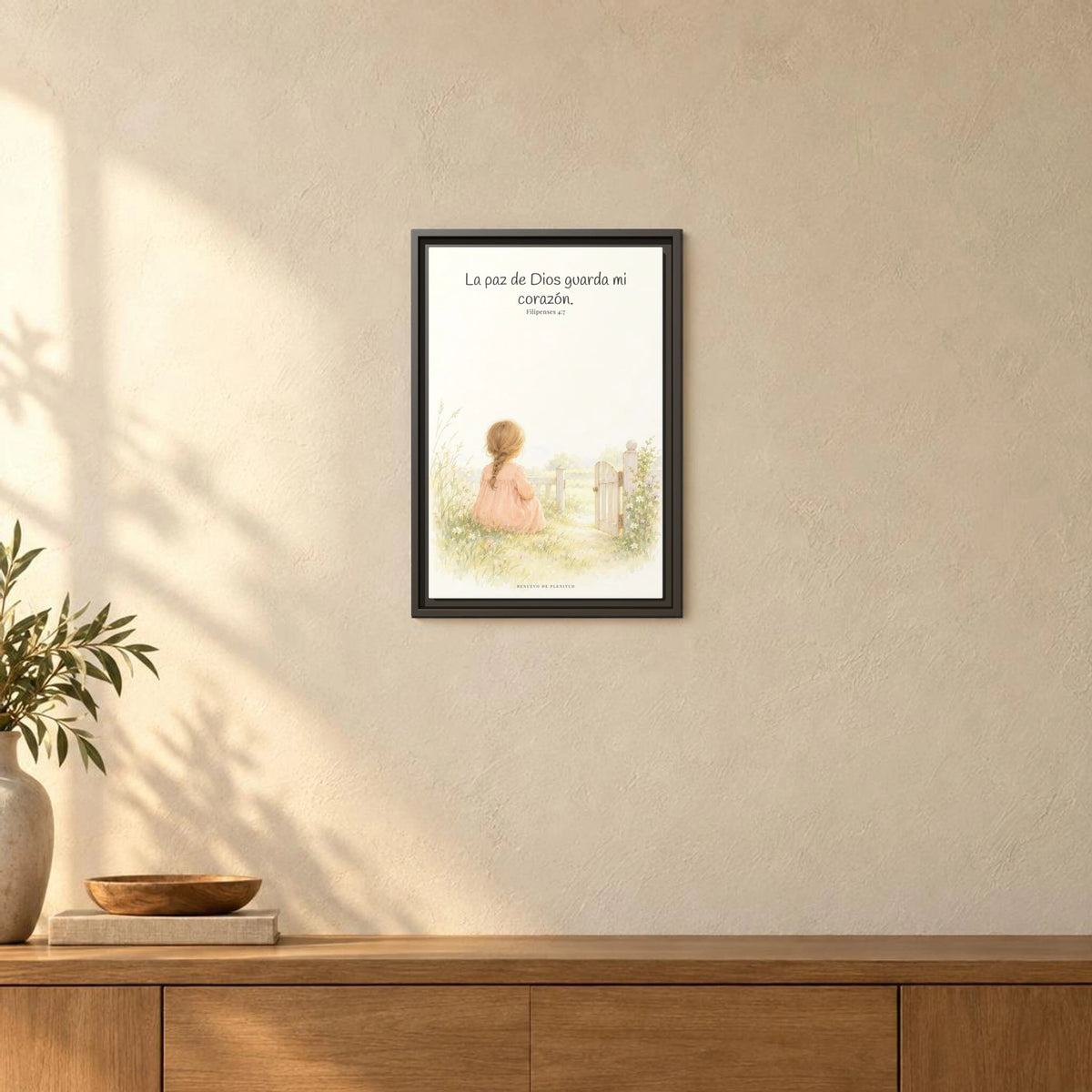 La paz de Dios guardará mi corazón — Lienzo Cristiano Enmarcado | Filipenses 4:7 — 12×18 pulgadas, marco espresso, vista frontal ambiental, escala física calibrada
