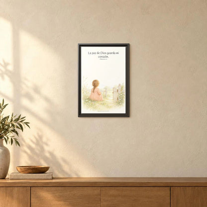 La paz de Dios guardará mi corazón — Lienzo Cristiano Enmarcado | Filipenses 4:7 — 12×18 pulgadas, marco espresso, vista frontal ambiental, escala física calibrada