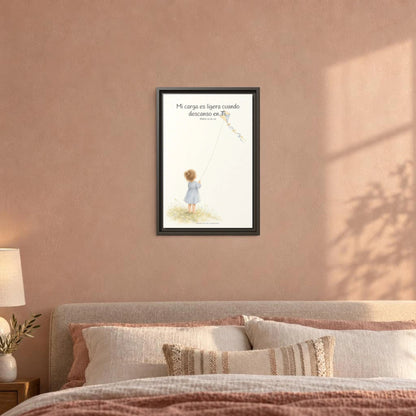 Mi carga es ligera cuando descanso en Ti — Lienzo Cristiano Enmarcado | Mateo 11:29-30 — 12×18 pulgadas, marco espresso, vista frontal ambiental, escala física calibrada