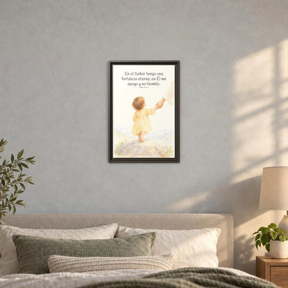 El Señor es mi fortaleza eterna — Lienzo Cristiano Enmarcado | Isaías 26:3-4 — 12×18 pulgadas, marco espresso, vista frontal ambiental, escala física calibrada