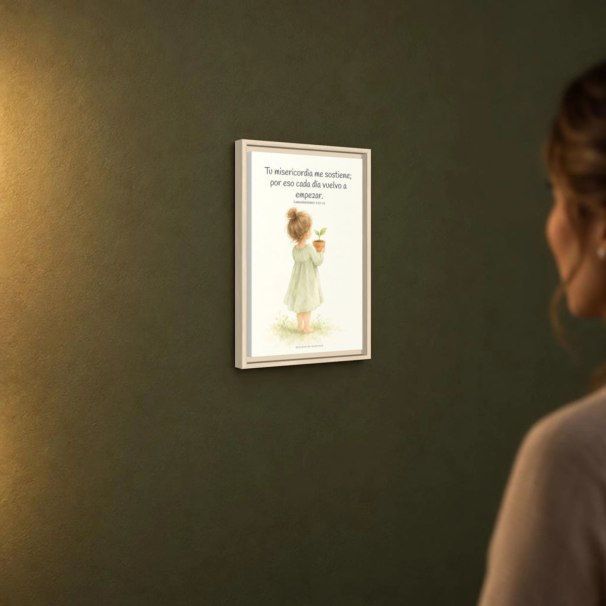 Por la misericordia de Jehová no fuimos consumidos — Lienzo Cristiano Enmarcado | Lamentaciones 3:22-23 — 12×18 pulgadas, marco natural, vista angular ambiental del marco flotante, escala física calibrada