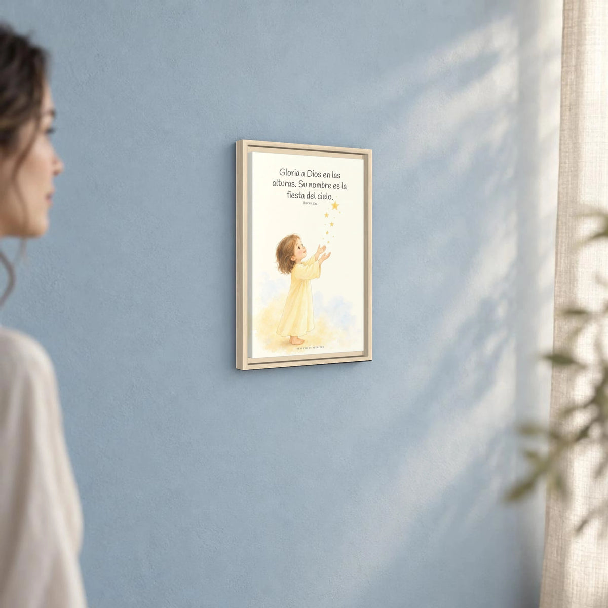 El cielo entero da gloria a Dios | Decoración de fe para pared | Lucas 2:14 — 12×18 pulgadas, marco natural, vista angular ambiental del marco flotante, escala física calibrada