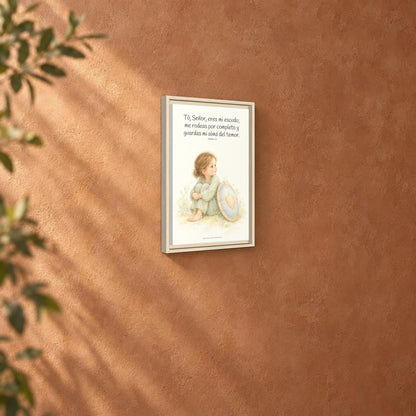 Dios es mi escudo alrededor — Lienzo Cristiano Enmarcado | Salmo 3:3 — 12×18 pulgadas, marco natural, vista angular ambiental del marco flotante, escala física calibrada