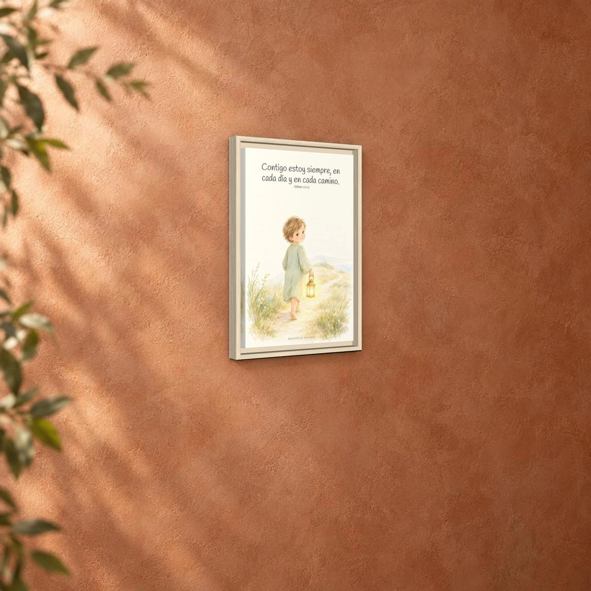 Contigo estoy siempre — Lienzo Cristiano Enmarcado | Salmo 73:23 — 12×18 pulgadas, marco natural, vista angular ambiental del marco flotante, escala física calibrada