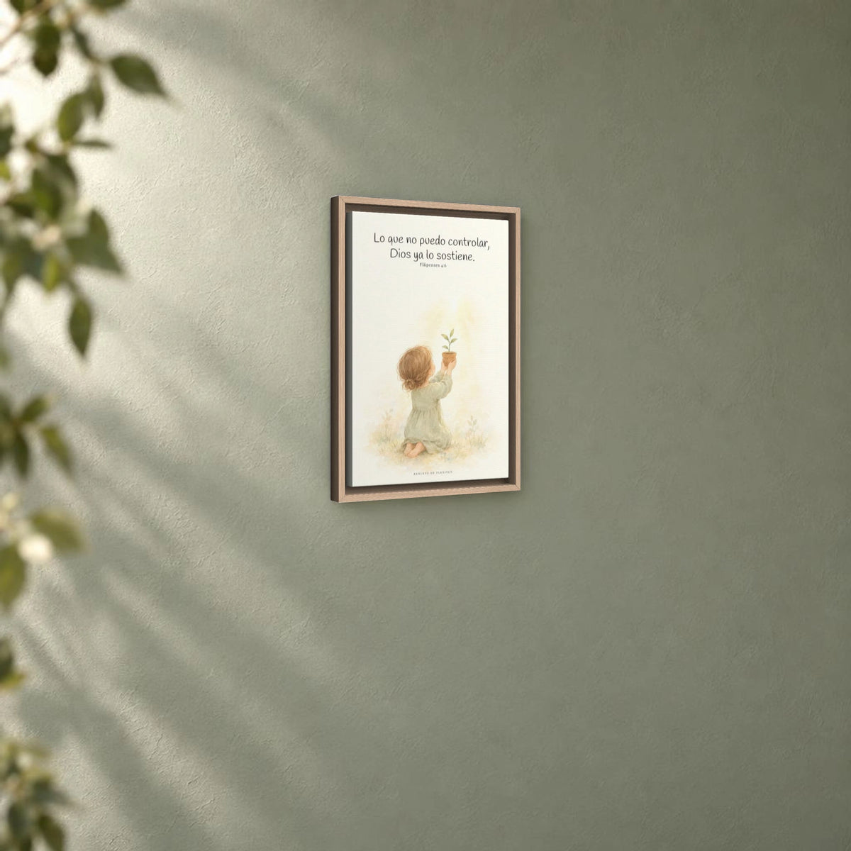 Dios cuida lo que yo no puedo controlar | Decoración de fe para pared | Filipenses 4:6 — 12×18 pulgadas, marco natural, vista angular ambiental del marco flotante, escala física calibrada